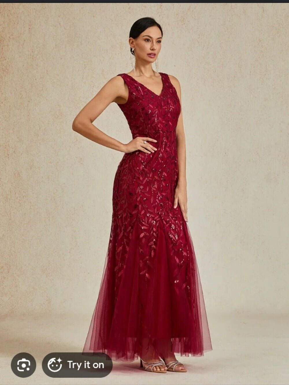 Ever Pretty Burgundy V-Neck Embroidered Maxi Gown